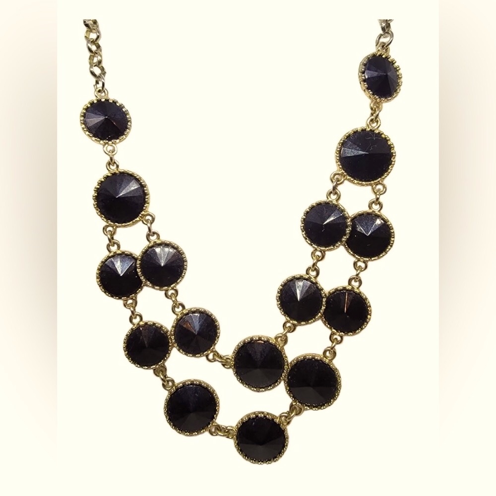 🌸🌺🌼Necklace Gold Tone Layered Two Rows Jet Black Acrylic Beads Adjustable